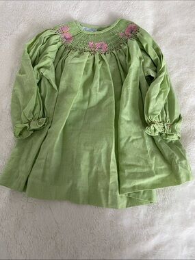 Girls Light Green Smocked Long Sleeve Dress with Pink Floral Embroidery